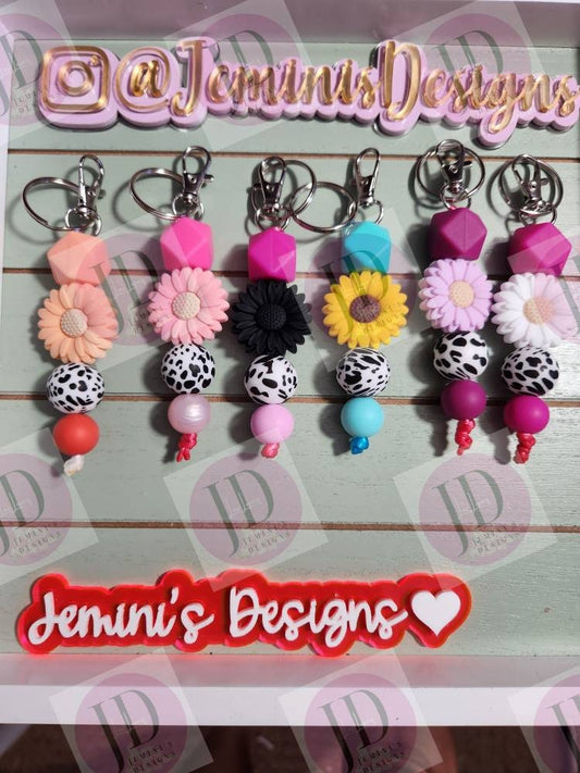 Ready to Ship Adorable Sunflower and cow beaded Keychain/beaded mini Keychain & Sunflower/cow dangle Keychain