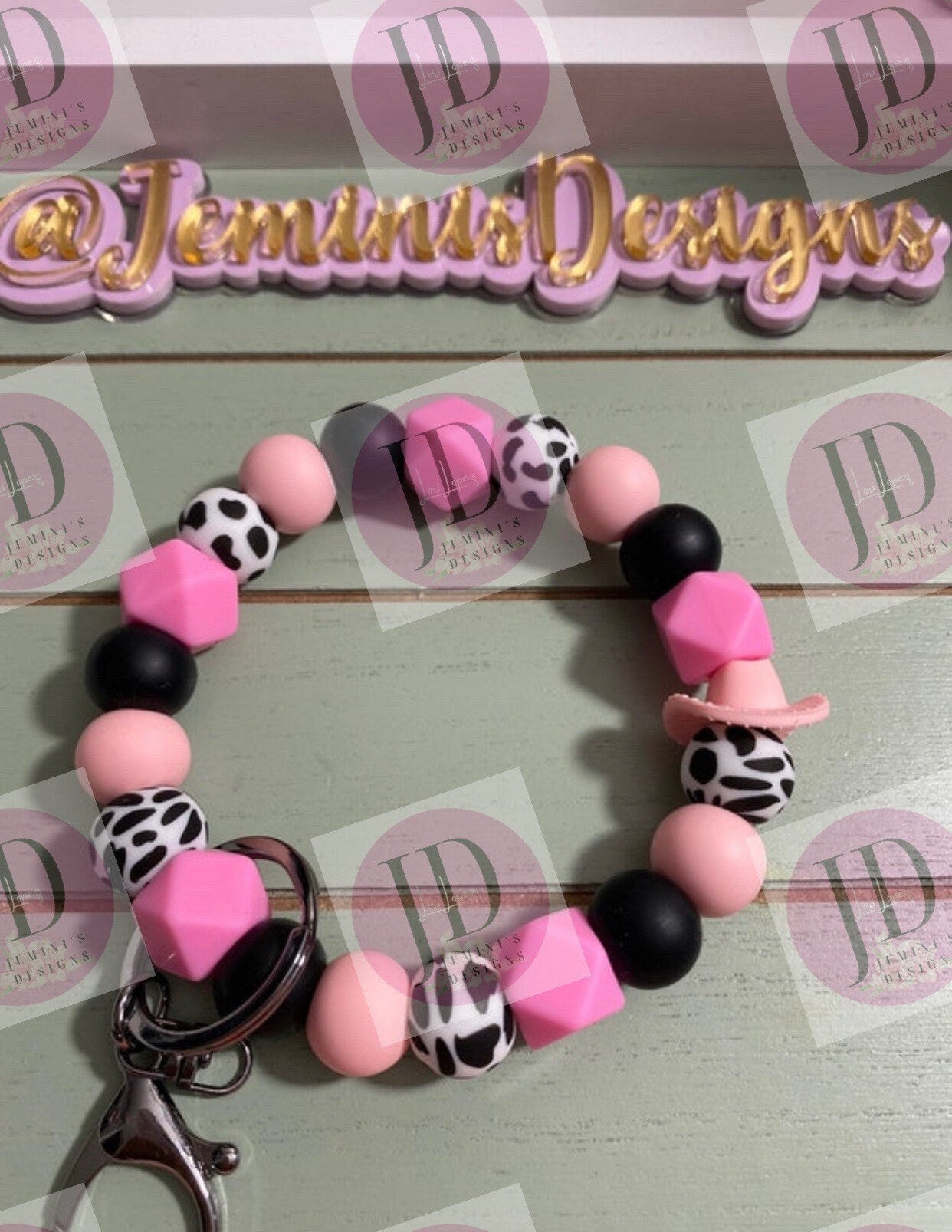 Beaded Bangle Cowboy hat black or pink cow print Keychain/beaded Bangle for her/black or pink bangle keychain wristlet