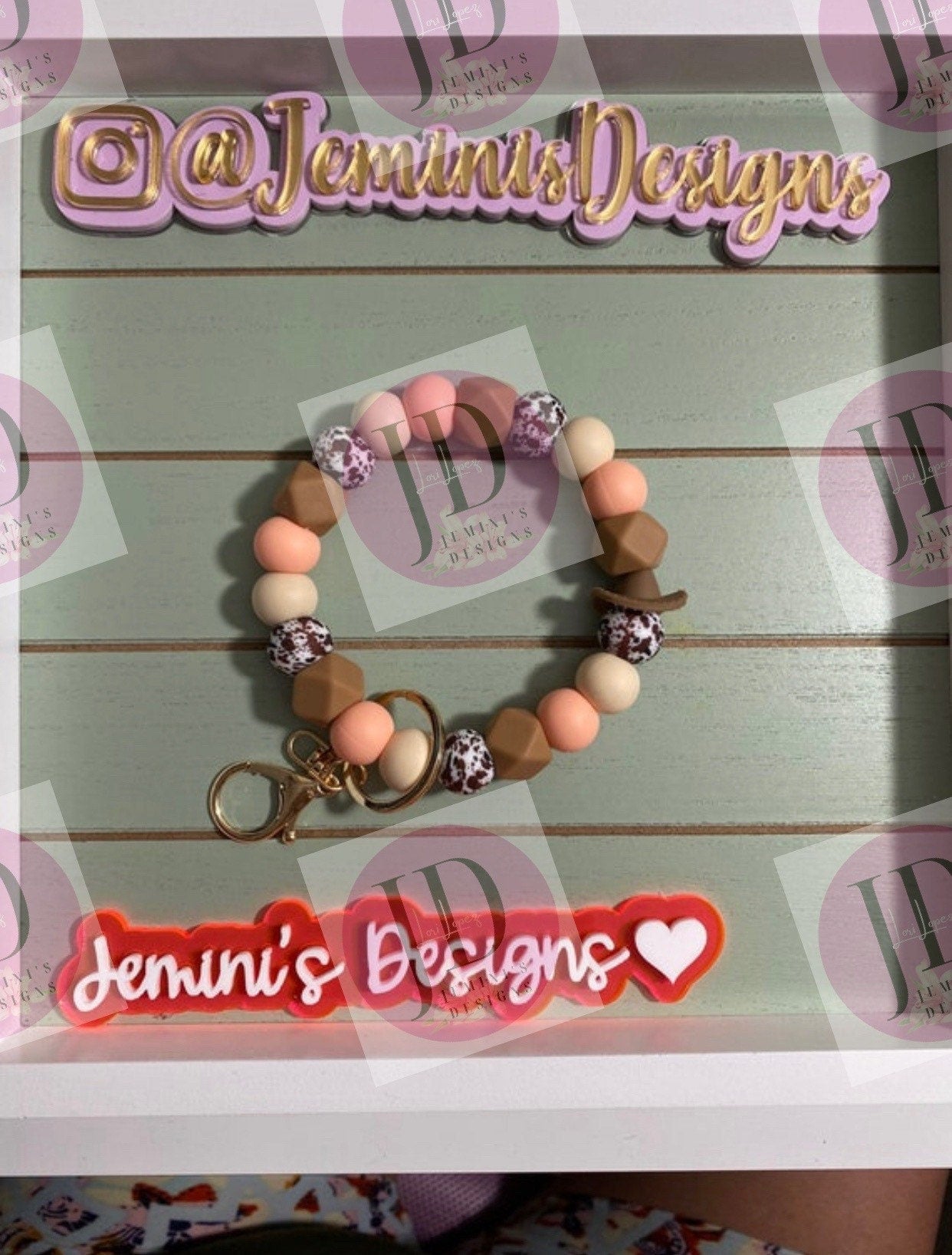 Beaded Bangle Cowboy hat peach & brown cow print Keychain/beaded Bangle for her/peach and brown cowboy wristlet/bangle