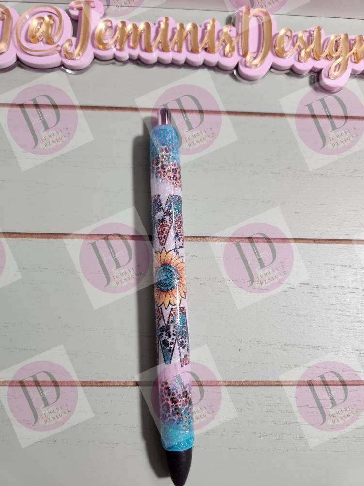 Sunflower leopard turquoise Mom Glitter pen, pen wrap with Lots of sparkle.   Gorgeous glitter pen