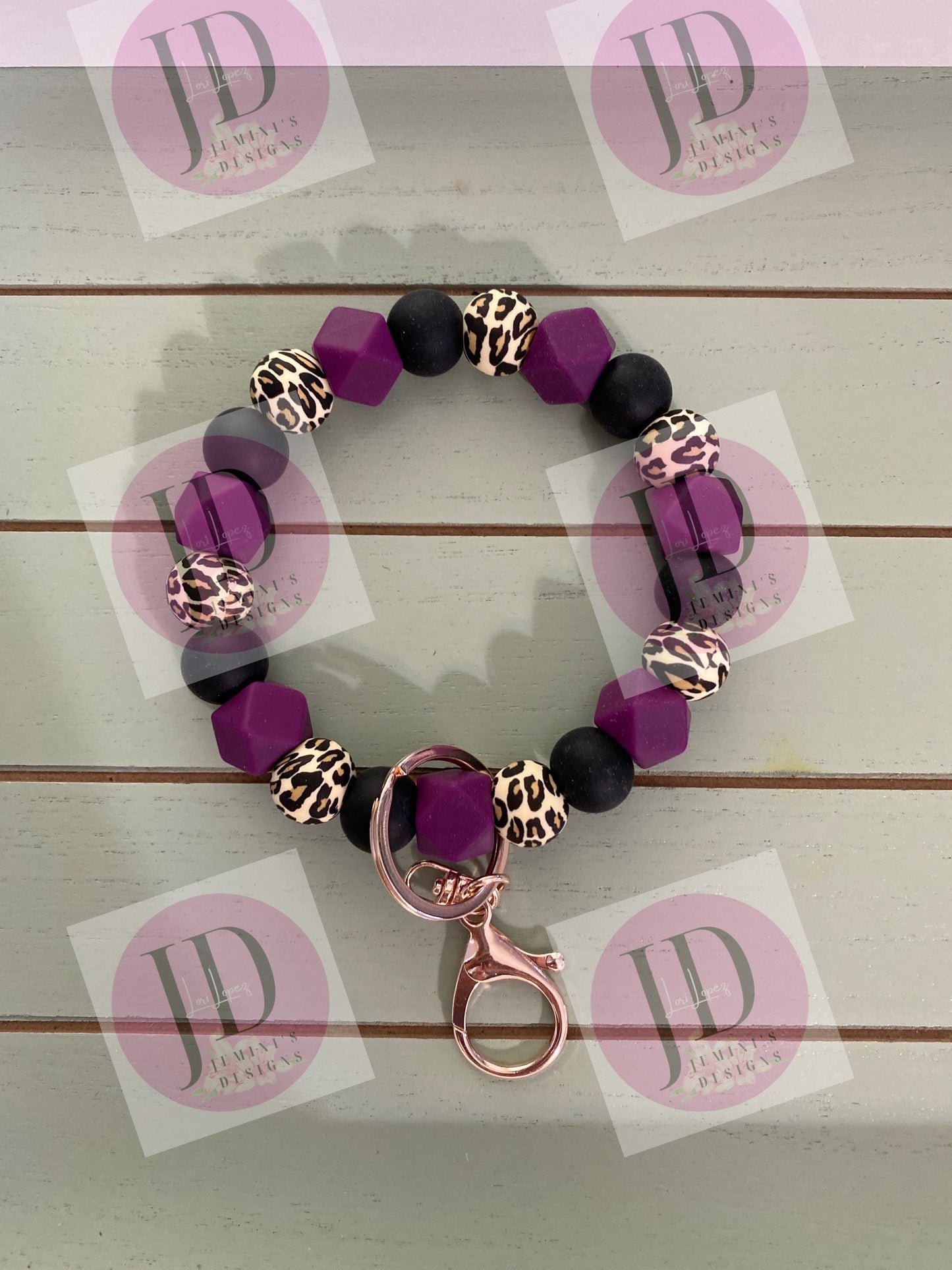 Ready to Ship Beaded Bangle black/purple leopard /Keychain/beaded Bangle for her/purple/black Keychain/beaded leopard bangle bracelet