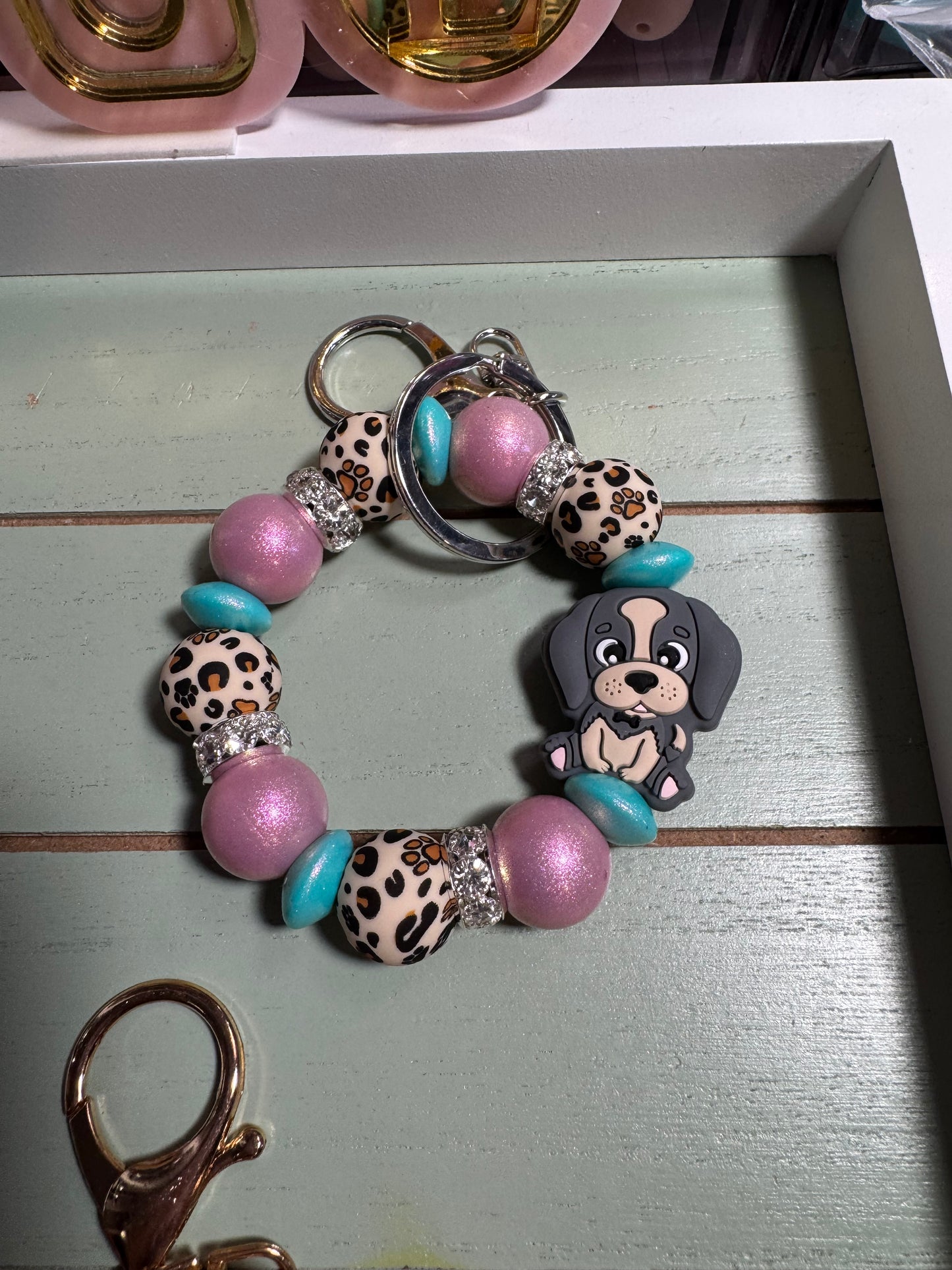 Beaded mini keychain, choice of design picture/ leopard paw print puppy dog dangle keychain