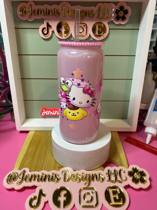 Purple cat floral tumbler, 20 oz pink shimmer glass w/ bamboo lid/colored cat uvdtf floral glass can= flower cat glass can