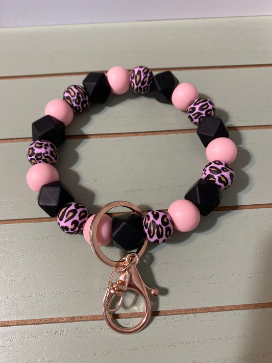 Beaded Bangle leopard pink black Keychain/beaded leopard print   Keychain/gifts for mom/anxiety beads/car accessory