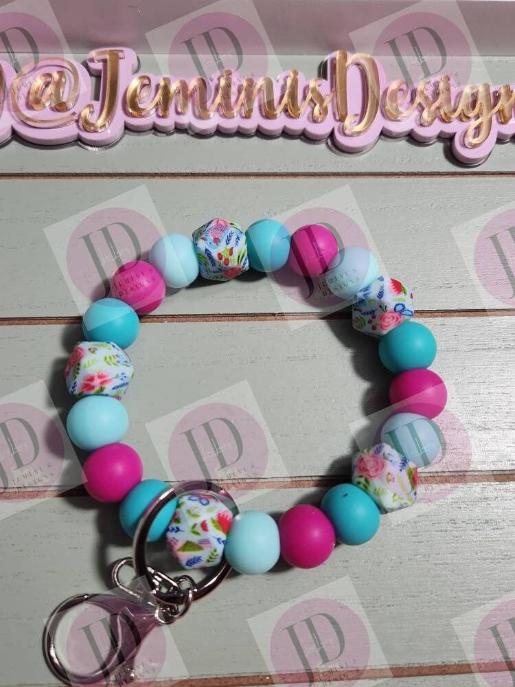 Beaded Bangle floral teal & pink print Keychain/beaded Bangle for her/teal and pink flower wristlet/bangle