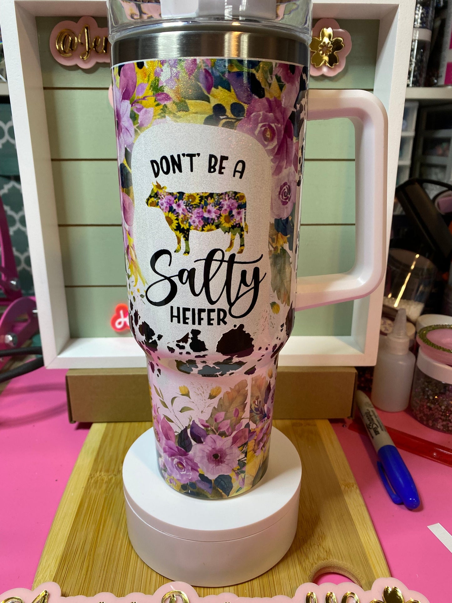 Salty Heifer 40 oz SS  tumbler sublimation highland cow  & uvdtf cow print transfer