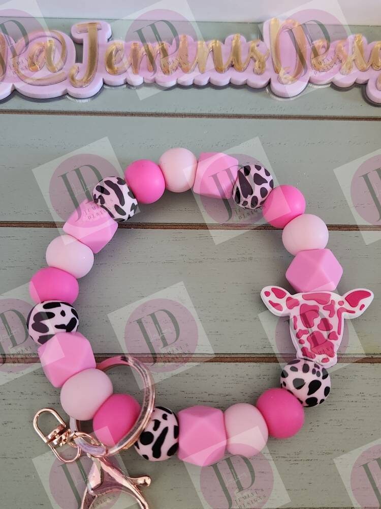 Ready to Ship Beaded Bangle Cow/ pink cow print Keychain/beaded Bangle for her/pink cow wristlet/bangle pink bracelet