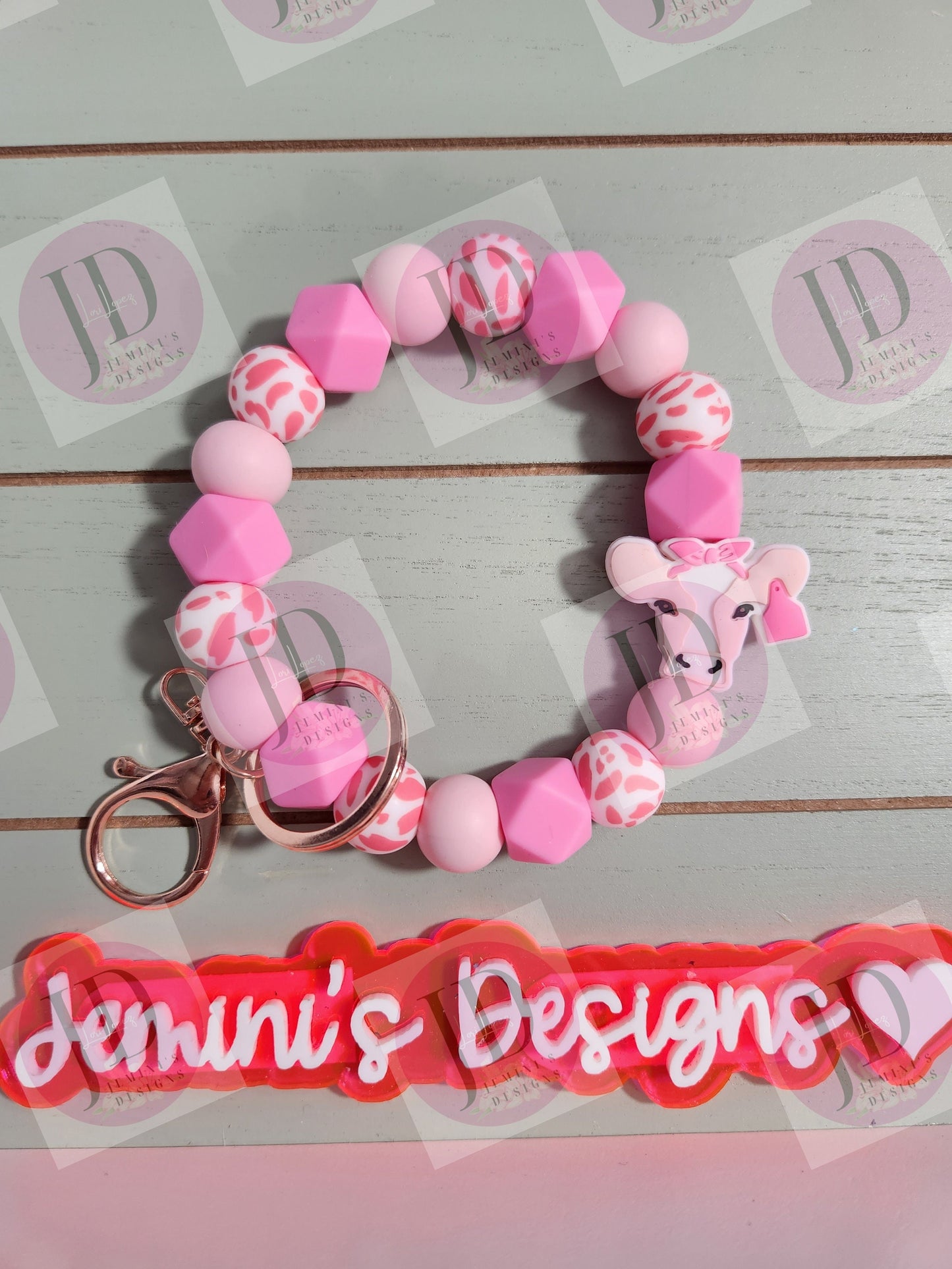 Beaded Bangle daisy cow pink cow print Keychain/beaded Bangle for her/pink cow wristlet/bangle pink bracelet