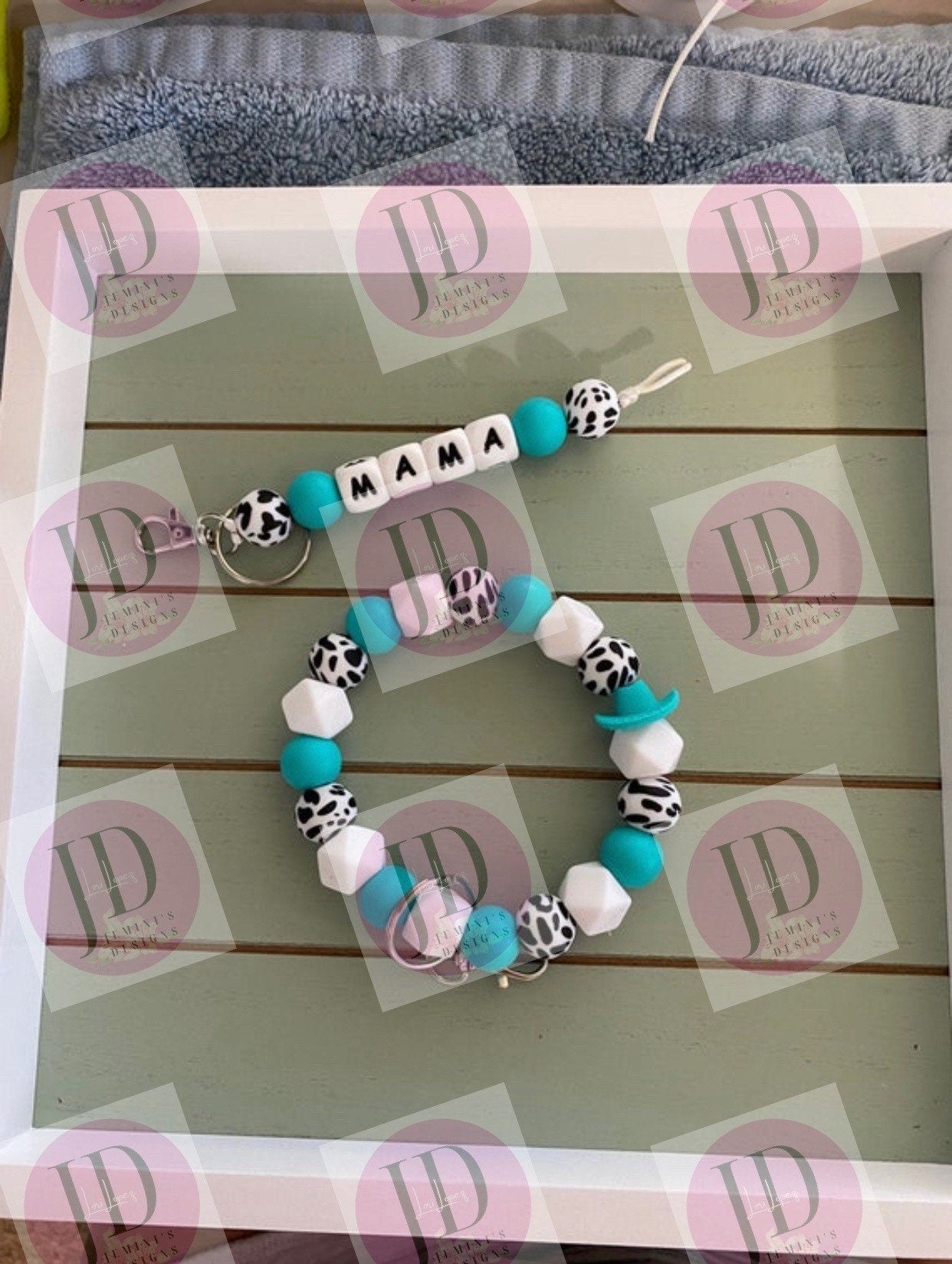 Beaded Bangle teal cow print Keychain/ mama Keychain or both /beaded Bangle for her/teal wristlet/bangle pair