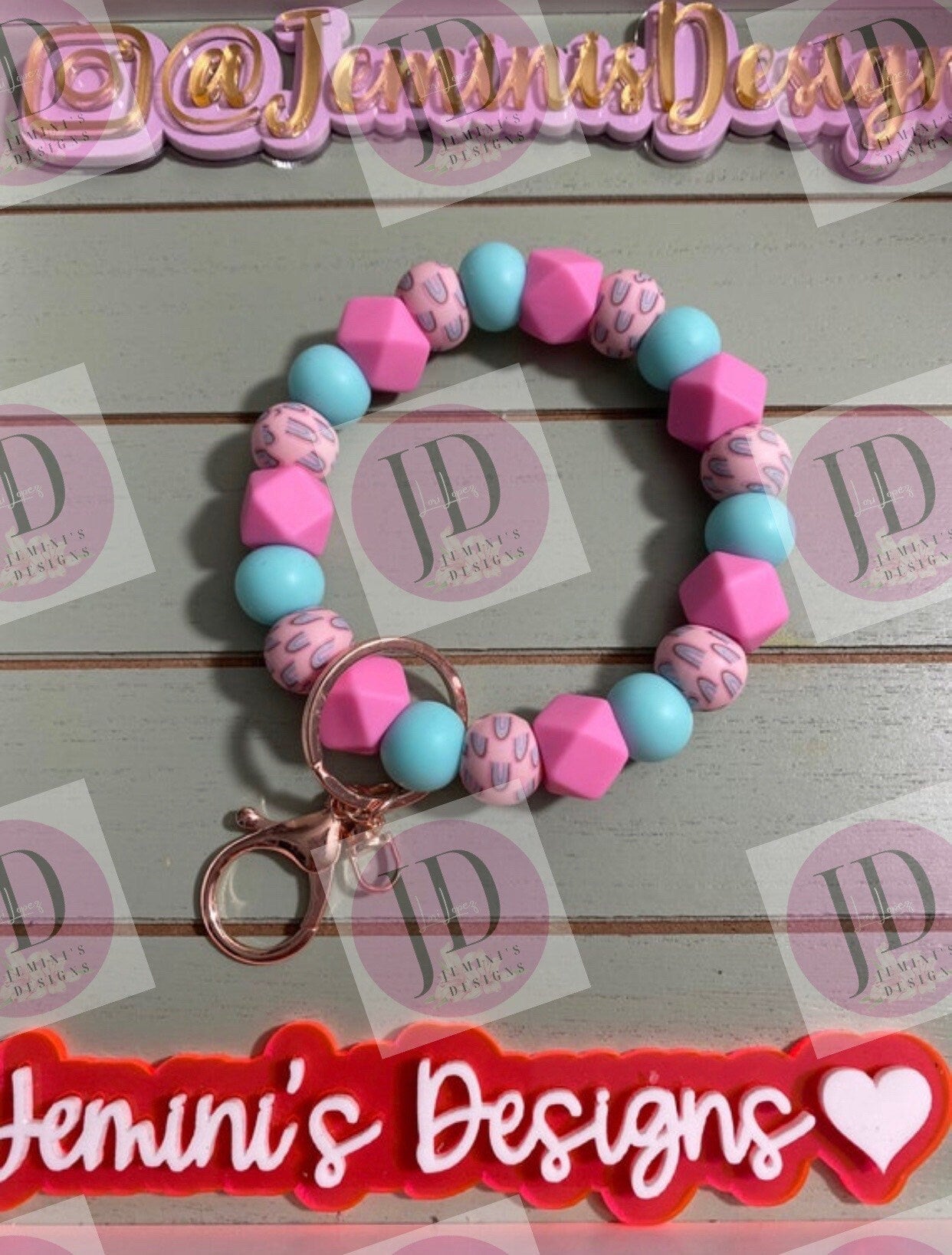 Beaded Bangle Rainbow pink & light teal Keychain/beaded Bangle for her/pink and teal rainbow wristlet Bangle bracelet