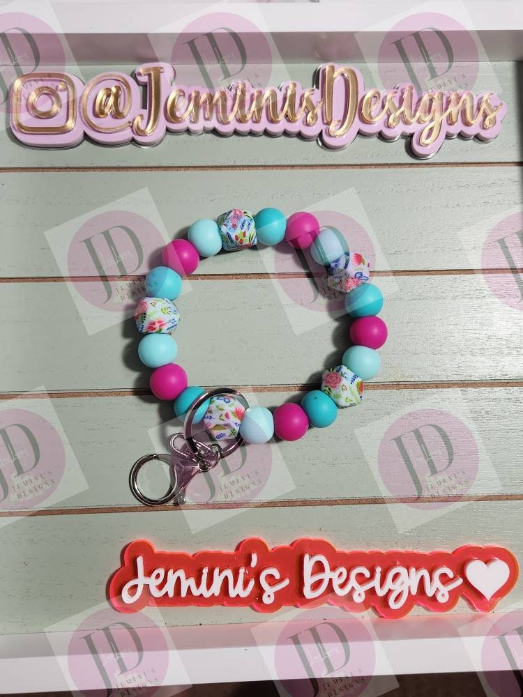 Beaded Bangle floral teal & pink print Keychain/beaded Bangle for her/teal and pink flower wristlet/bangle