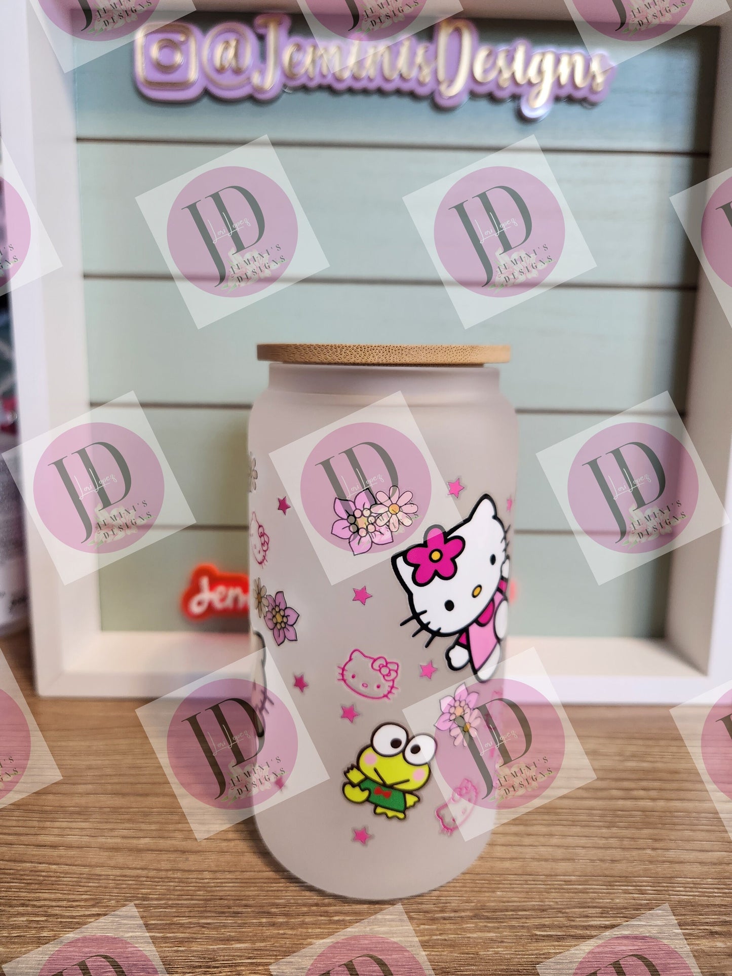 Pink cat, frog character tumbler, 16oz frosted glass w/ bamboo lid/colored cat uvdtf glass can flower cat glass can/ cute frog glass tumbler