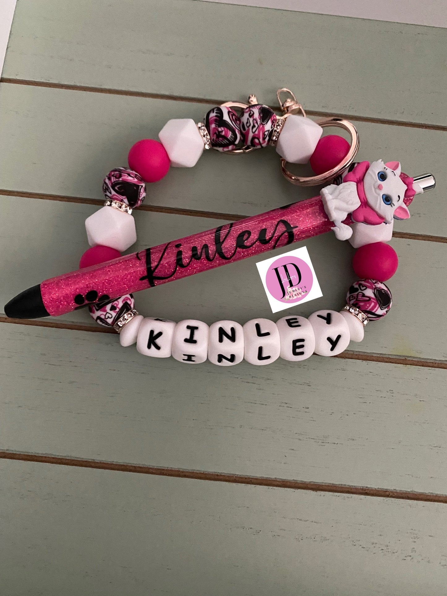 Custom beaded Keychain & glitter gel pen  set/ custom name Bangle and glitter pen.  Choose what color beads and glitter