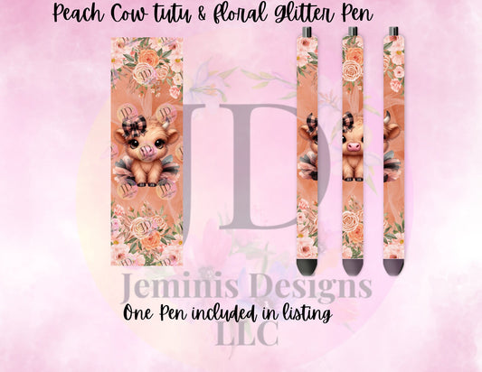 Highland cow tutu ballerina peach floral pen wrap Glitter pen, pen wrap with Lots of vibrant colors sparkle.   Gorgeous glitter pen