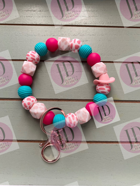 Ready to Ship Beaded Bangle Cowboy hat pink & Teal cow print Keychain/beaded Bangle for her/pink cowboy wristlet/bangle pink bracelet