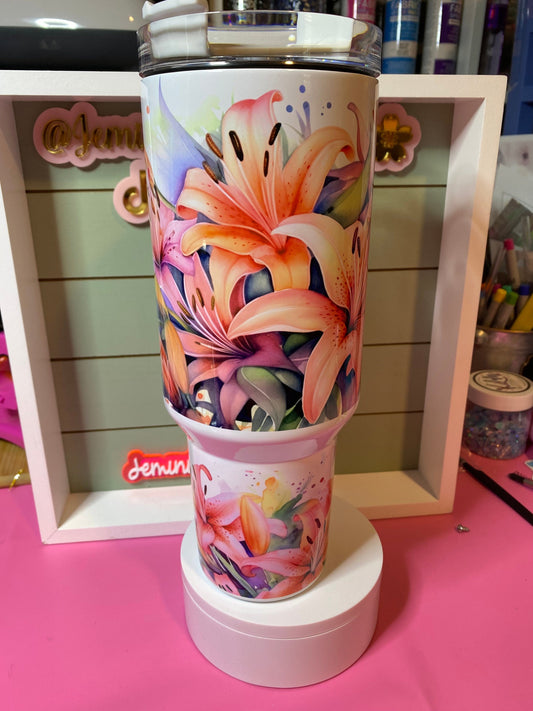 Stargazer lily floral vibrant sublimated 40 oz tumbler/ detailed floral lily tumbler/40 oz dip lilies tumbler/ beautiful vibrant tumbler