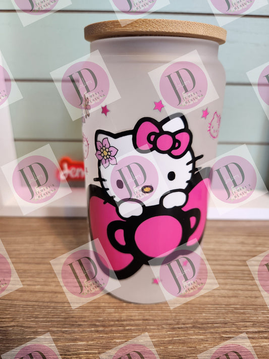 Pink cat, frog character tumbler, 16oz frosted glass w/ bamboo lid/colored cat uvdtf glass can flower cat glass can/ cute frog glass tumbler