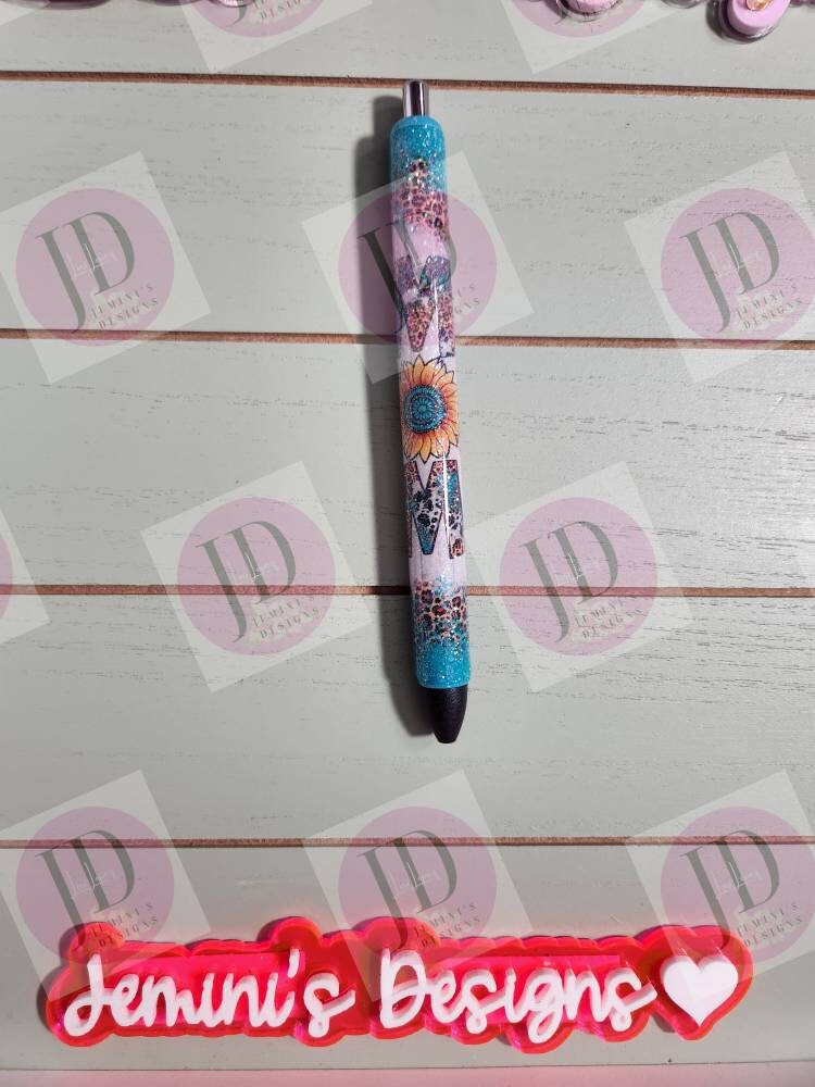 Sunflower leopard turquoise Mom Glitter pen, pen wrap with Lots of sparkle.   Gorgeous glitter pen