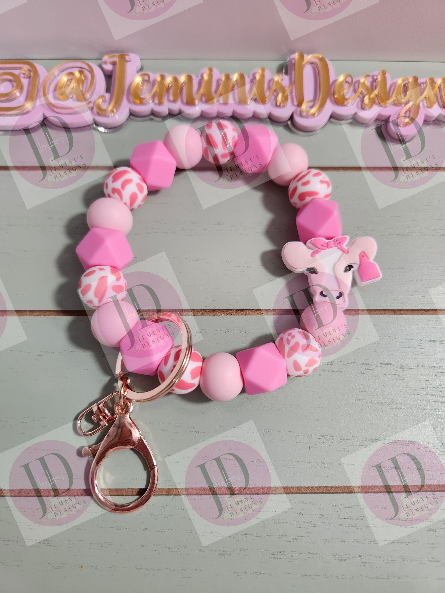 Beaded Bangle daisy cow pink cow print Keychain/beaded Bangle for her/pink cow wristlet/bangle pink bracelet