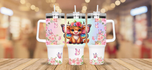 Highland butterfly pink, 40oz , butterfly cow tumbler,  Highland baby cow & flowers tumbler, gift for he