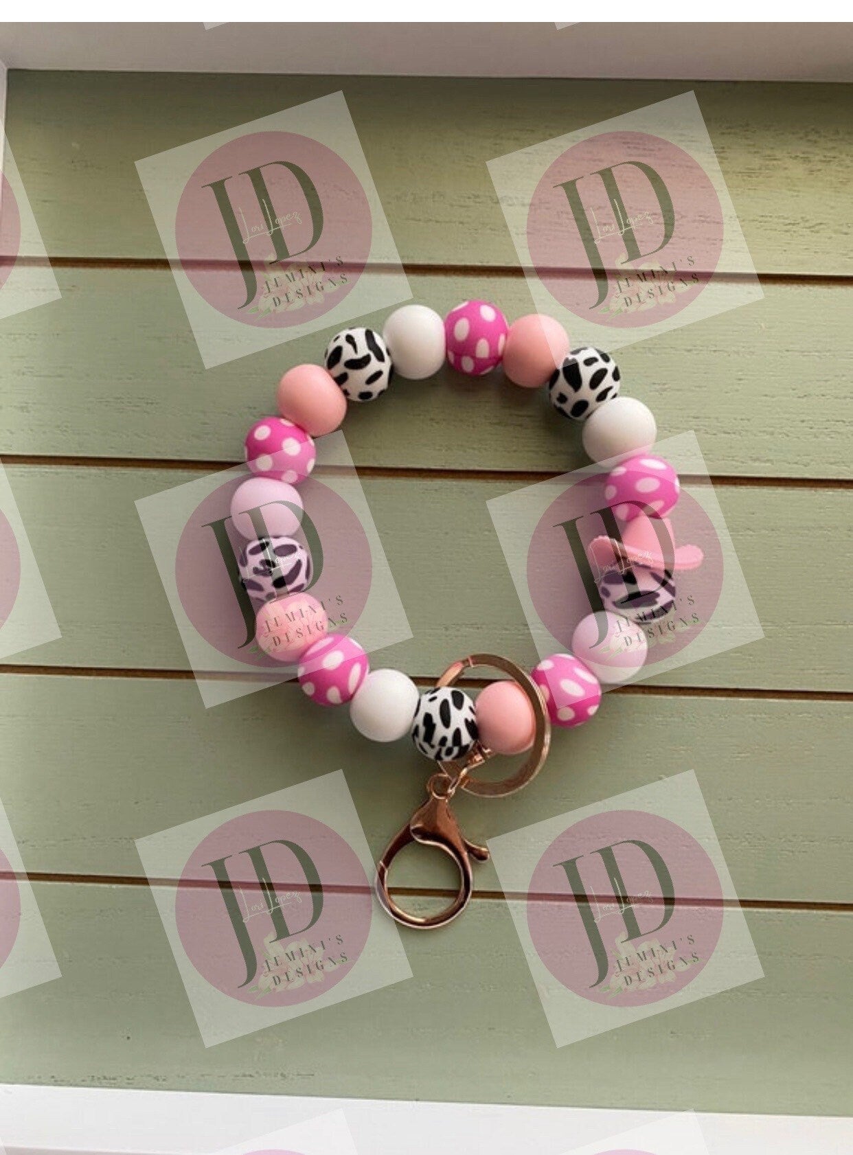 Ready to Ship Beaded Bangle Cowboy hat pink cow print Keychain/beaded Bangle for her/pink cowboy wristlet/bangle pink bracelet