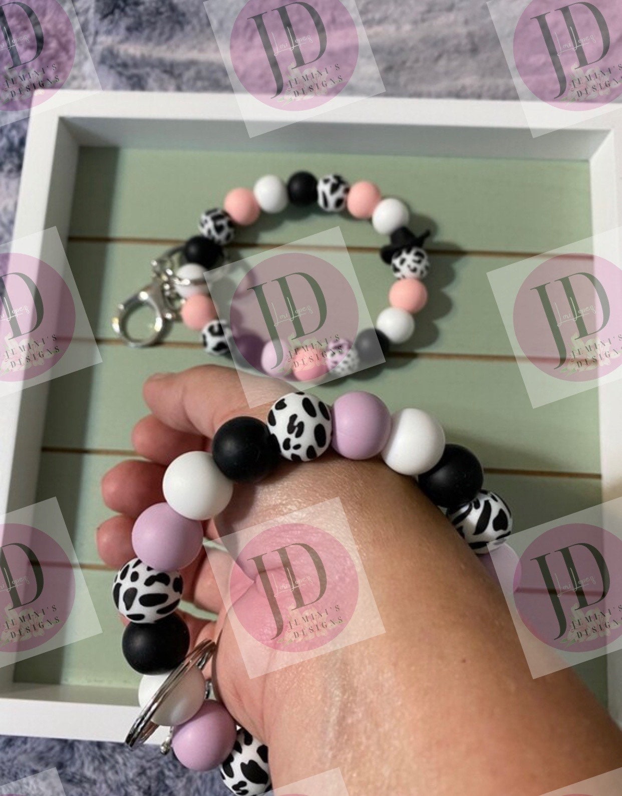 Made to order Beaded Bangle Cowboy hat lavender or pink cow print Keychain/beaded Bangle for her/pink or lavender cowboy wristlet