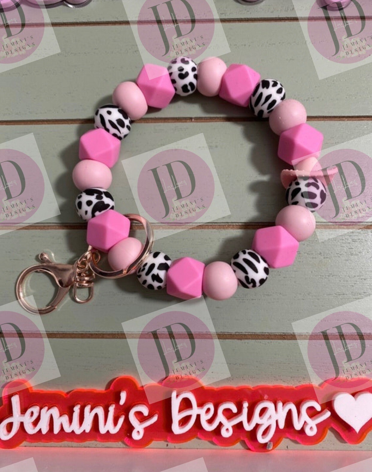 Beaded Bangle Cowboy hat black or pink cow print Keychain/beaded Bangle for her/black or pink bangle keychain wristlet