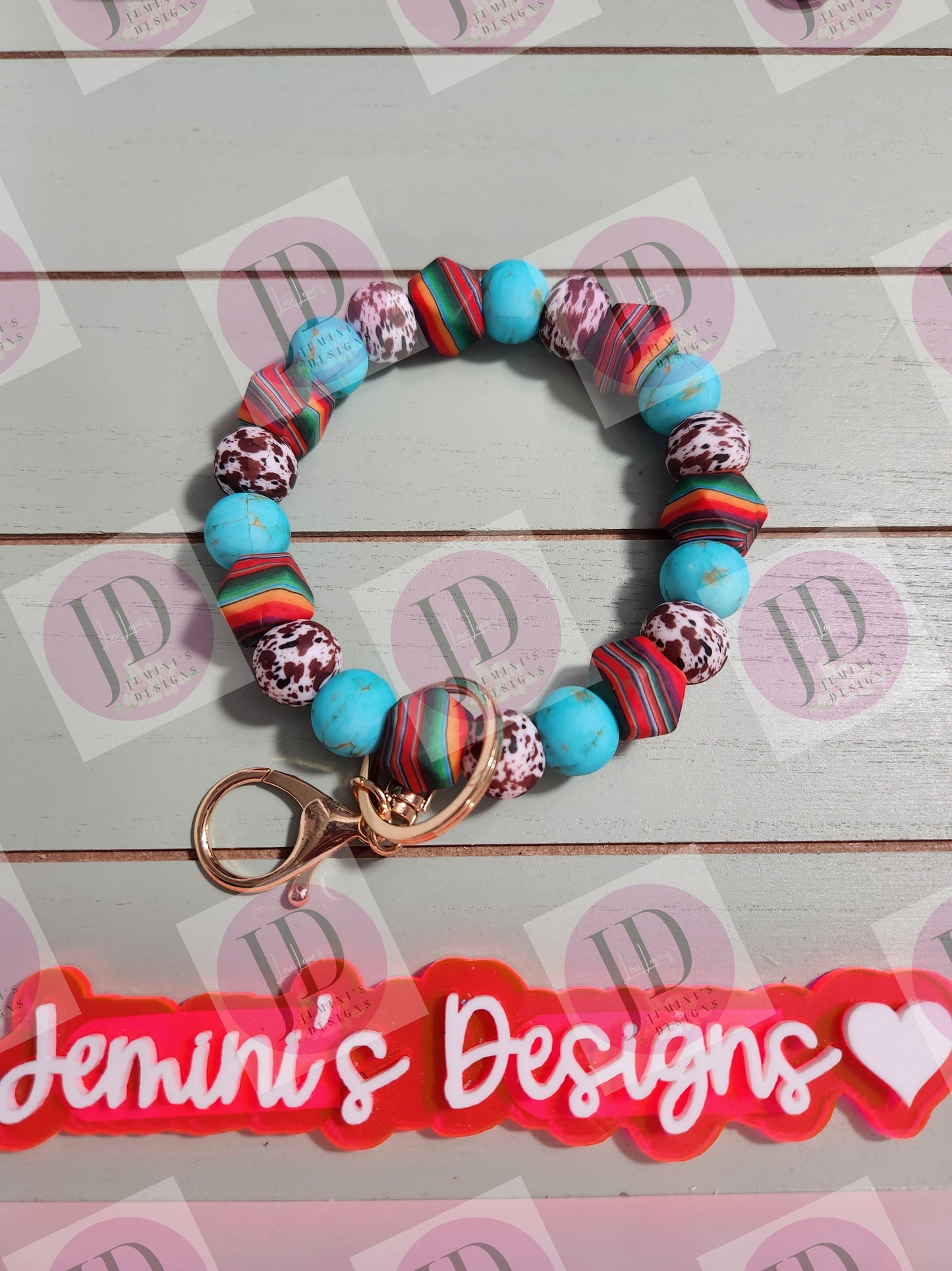 Serape Beaded Bangle Cow print, serape & stone print turquoise Keychain/beaded Bangle for her/brown serape cow wristlet Bangle bracelet