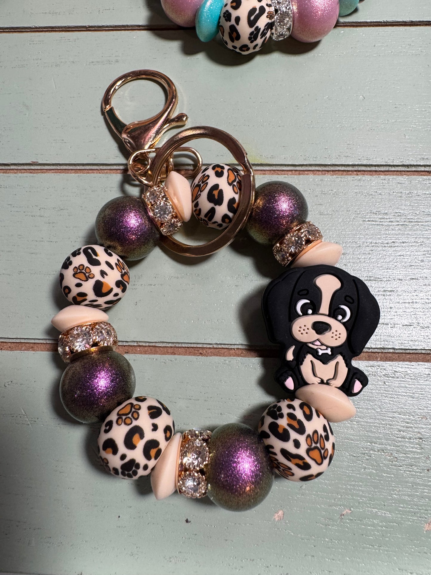 Beaded mini keychain, choice of design picture/ leopard paw print puppy dog dangle keychain