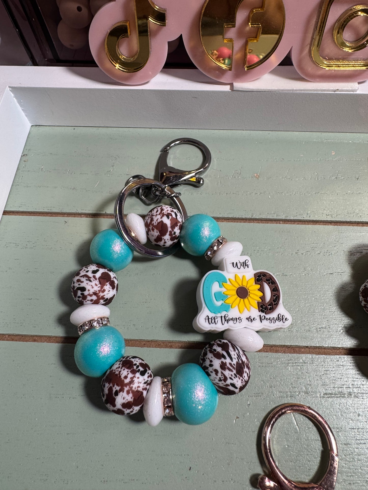 Beaded mini keychain, choice of design/with God all things cow print dangle keychain