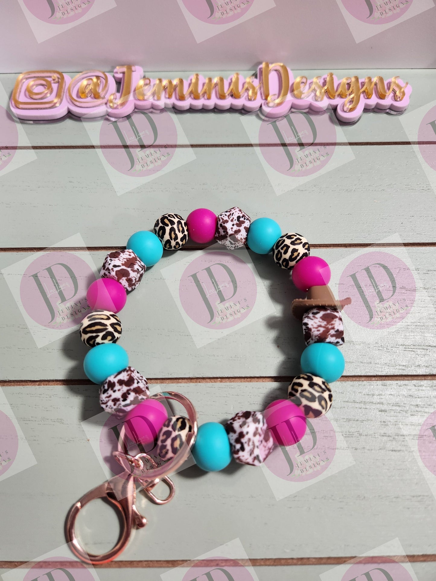 Beaded Bangle Cowboy hat turquoise & pink cow and leopard print Keychain/beaded Bangle for her/turquoise and pink cowboy wristlet/bangle