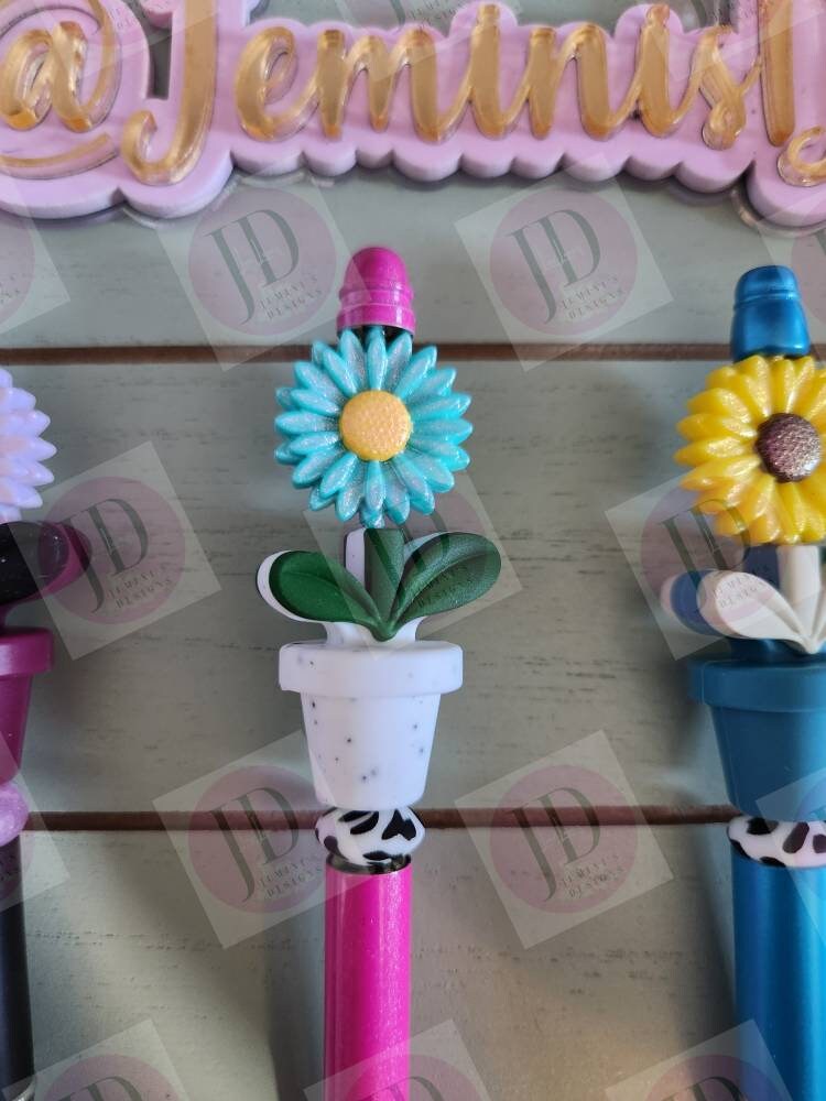 Silicone sunflower pot daisy/flower Bead Pen/Custom Bead Pen/daisy/sunflower pot bead pen/Twist Beaded daisy/flower pen/flower bling pen