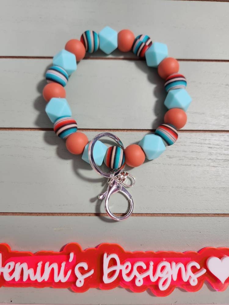 Serape Beaded Bangle  print, serape print turquoise Keychain/beaded Bangle for her/terracotta serape wristlet Bangle bracelet