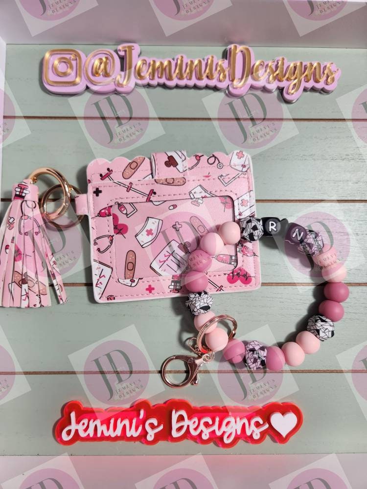 Beaded RN wristlet and wallet Keychain/nurse Keychain wristlet & wallet combo.  Nurse/RN Bangle Keychain and wallet