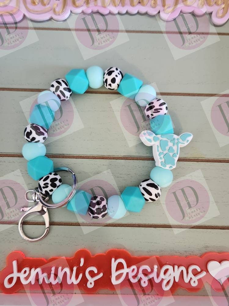 Ready to Ship Beaded Bangle Cow/ teal cow print Keychain/beaded Bangle for her/teal cow wristlet/bangle teal bracelet