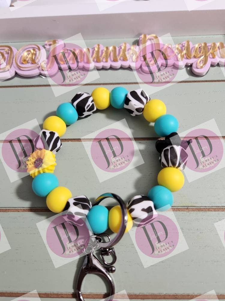 Beaded Bangle Cowboy hat teal & yellow cow print Keychain/beaded Bangle for her/teal and yellow cowboy wristlet/bangle