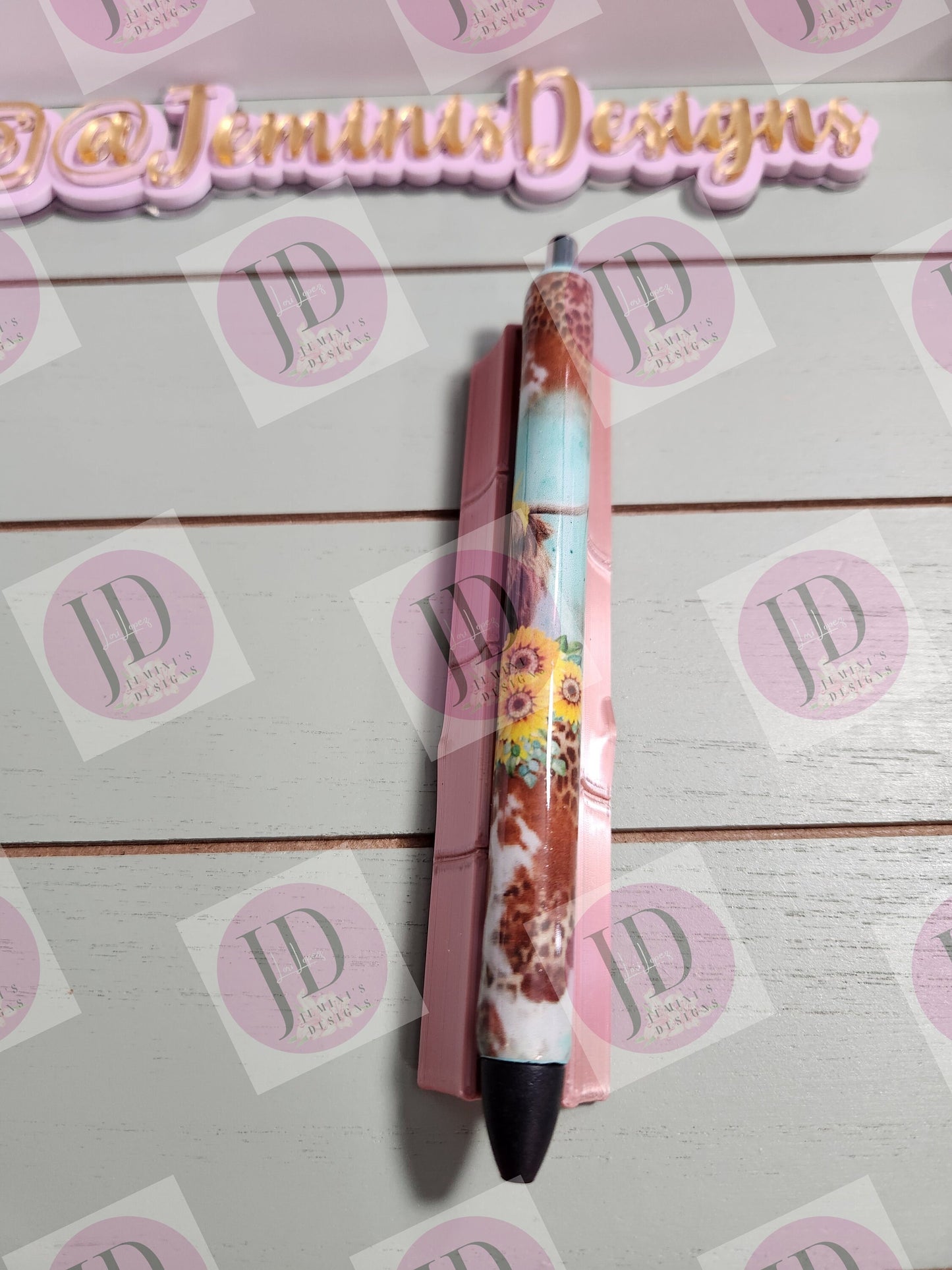 Highland cow & Sunflower leopard and cow print  pen wrap with Lots of vibrant colors sparkle.   Aqua, yellow and brown pen wrap no glitter