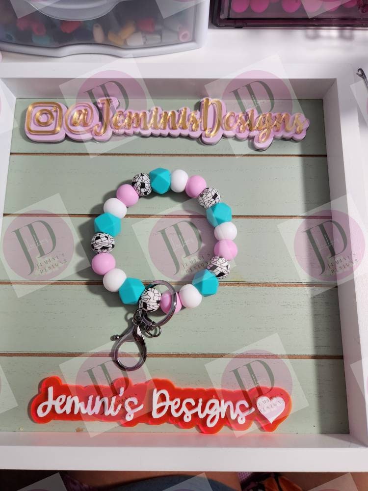 Beaded Bangle pink and teal geometric /Keychain/beaded Bangle for her.  Pink & teal geometric Keychain/beaded  bangle bracelet