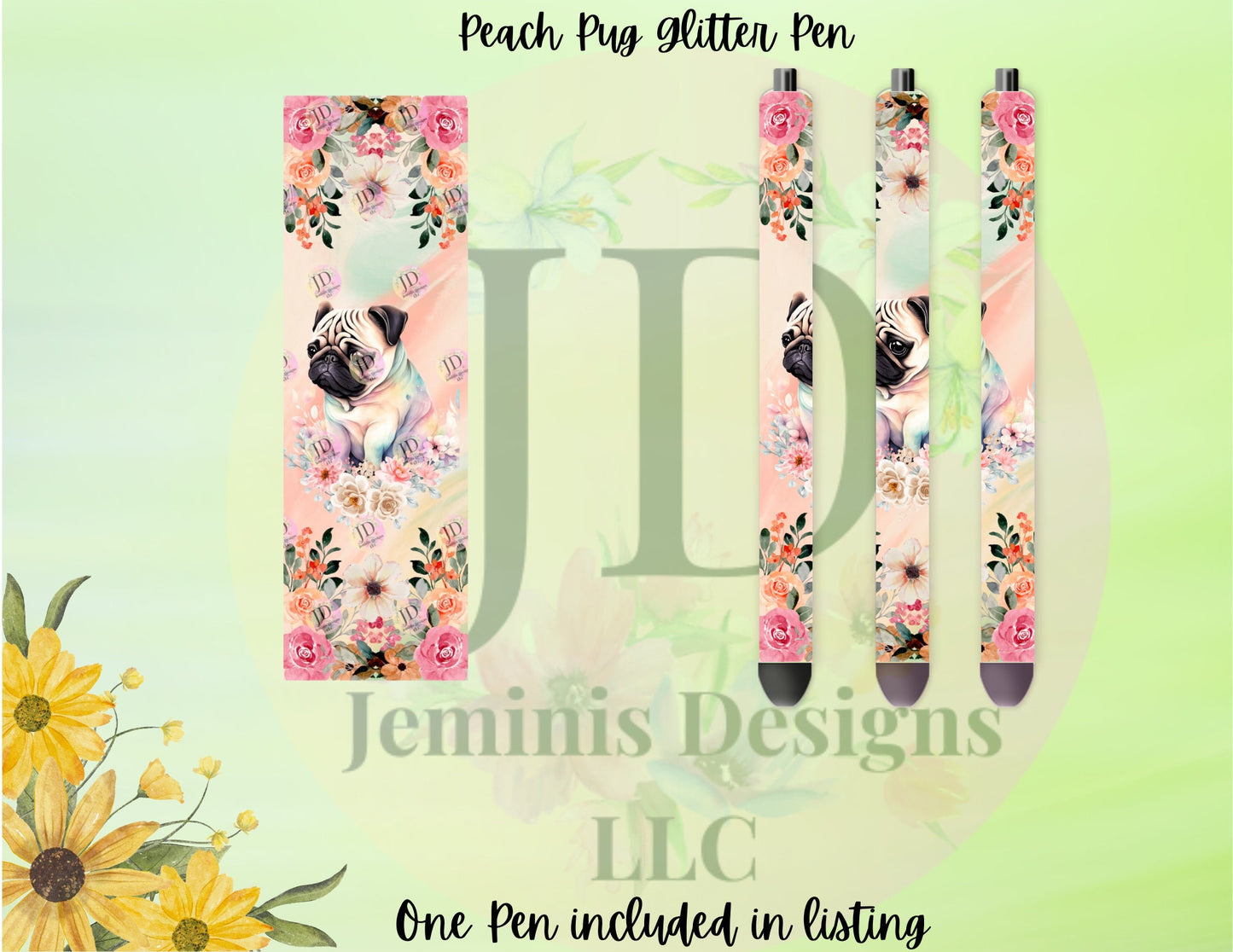 Pug glitter pen wrap pen, pen wrap with Lots of vibrant colors sparkle. Peach floral pug pen.  Pug pen wrap pen.  Floral Pug pen