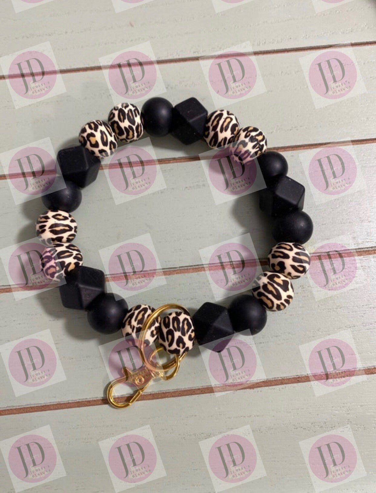 Ready to Ship Beaded Bangle black leopard print Keychain/beaded Bangle black leopard wristlet/bangle leopard bracelet