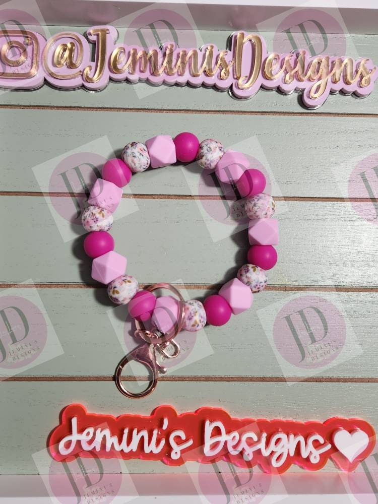 Beaded Bangle floral pink print Keychain/beaded Bangle for her/pink flower wristlet/bangle Keychain