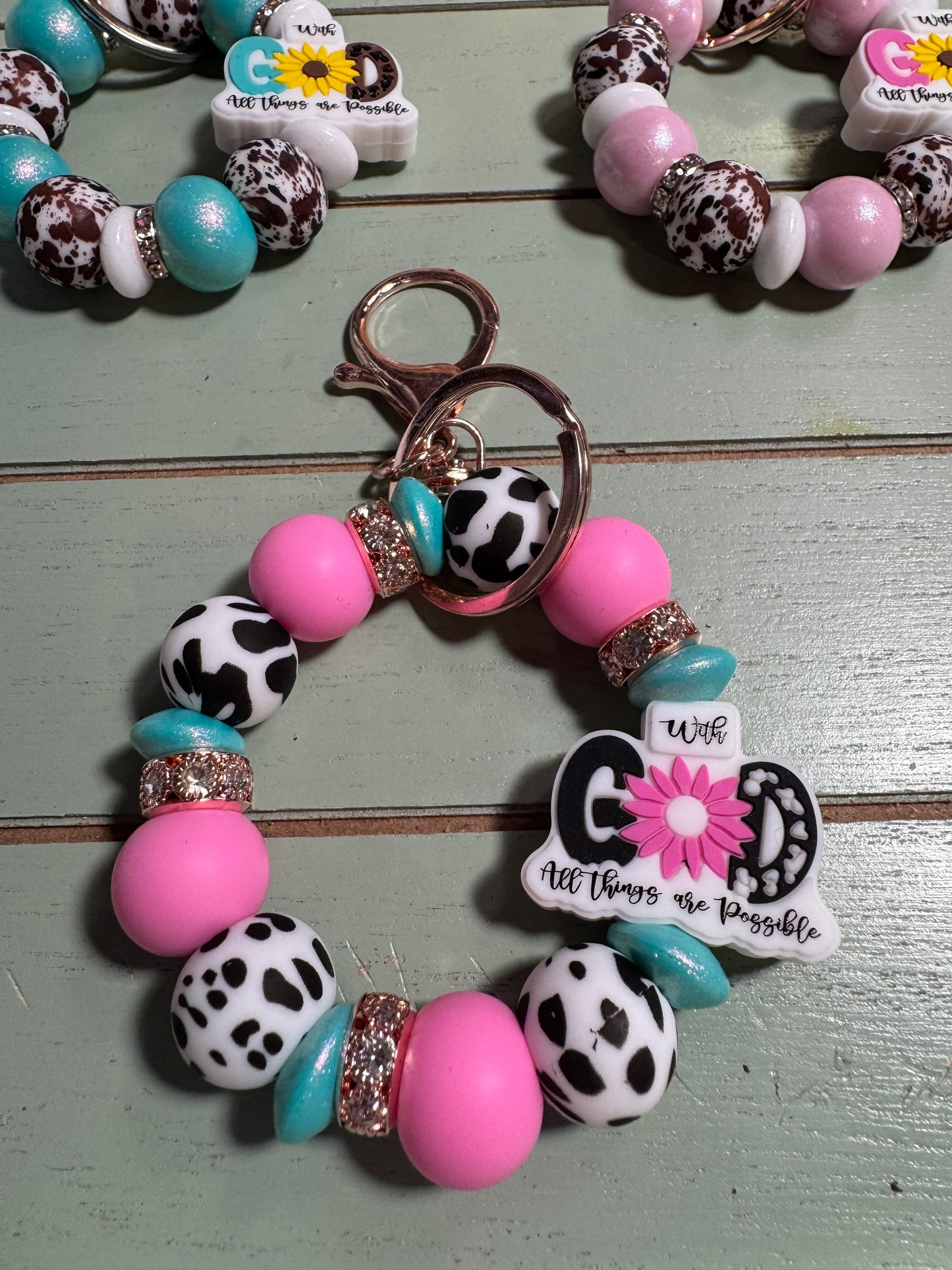 Beaded mini keychain, choice of design/with God all things cow print dangle keychain