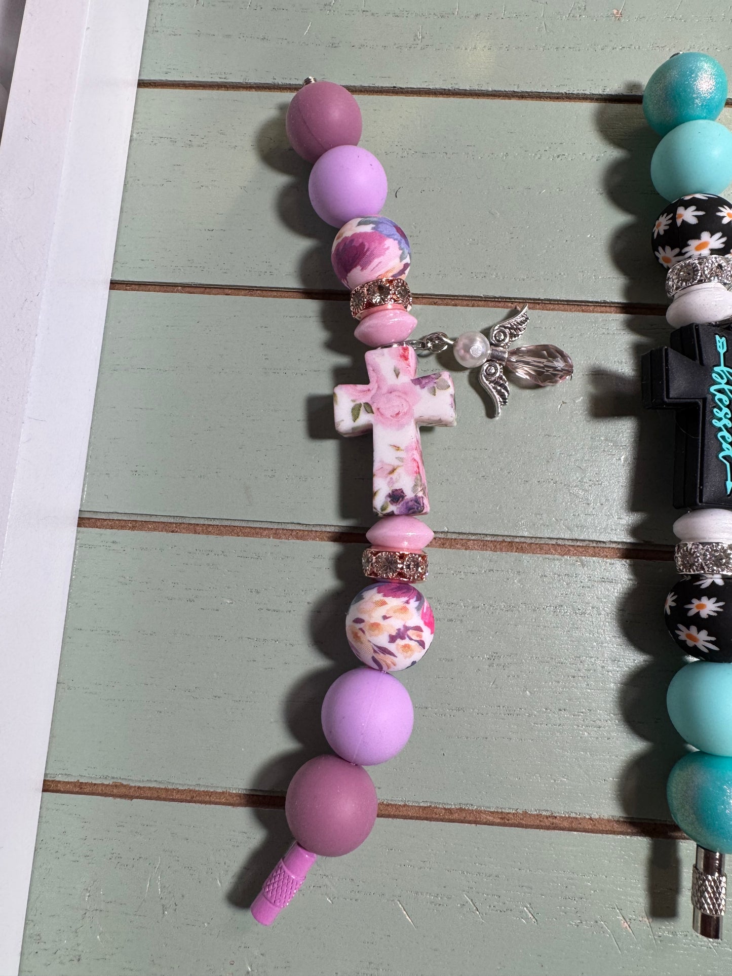 Cross w/ mini angel Tumbler charm accessory, cross tumbler bead charm, beaded tumbler charm, tumbler handle charm, tumbler cup charm