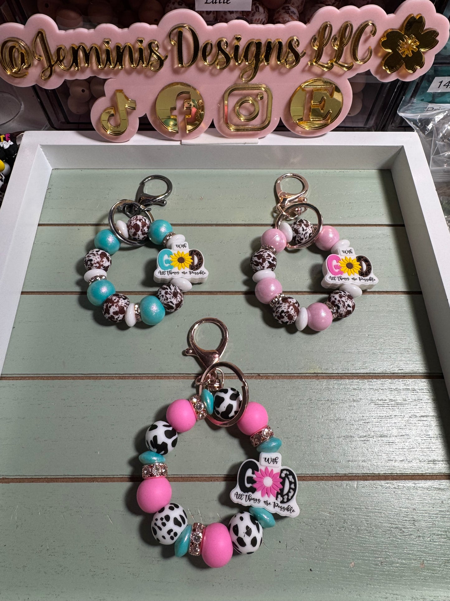 Beaded mini keychain, choice of design/with God all things cow print dangle keychain