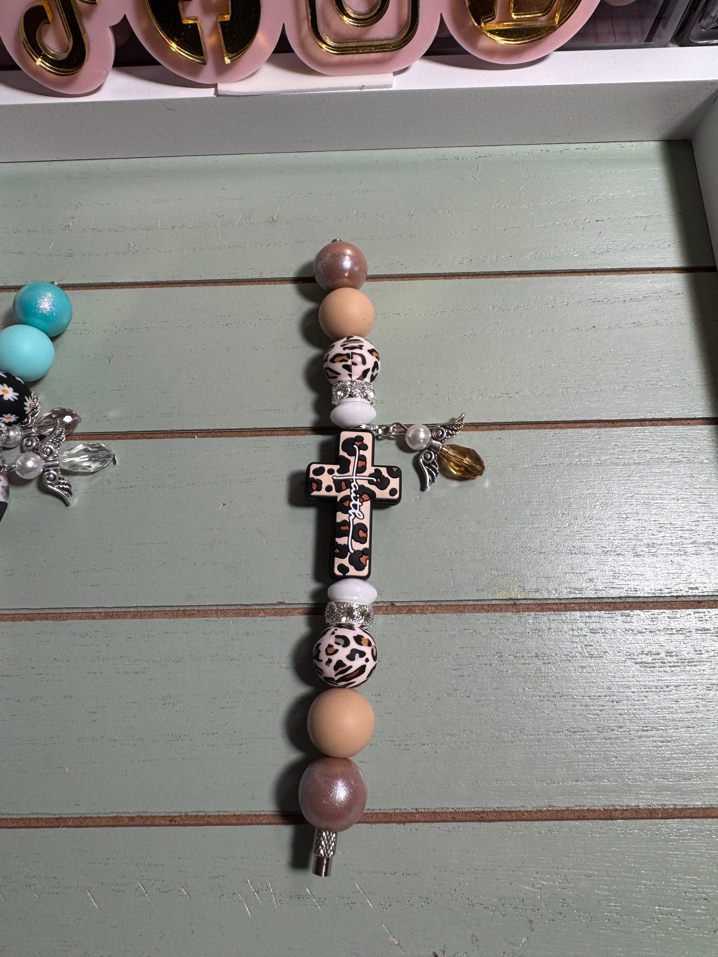 Cross w/ mini angel Tumbler charm accessory, cross tumbler bead charm, beaded tumbler charm, tumbler handle charm, tumbler cup charm