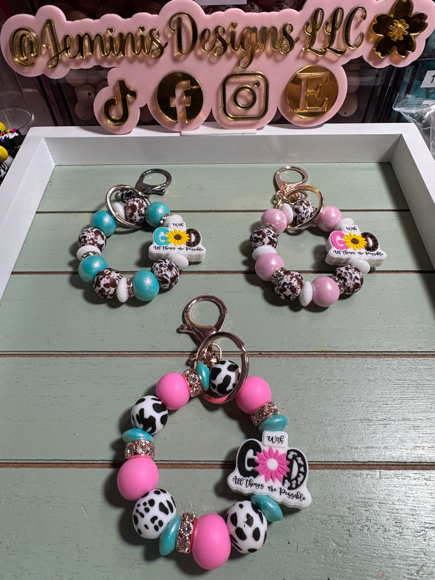 Beaded mini keychain, choice of design/with God all things cow print dangle keychain