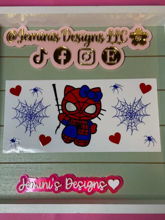 Arachnid kitty hearts/spider kitty/webs uvdtf cup wrap/ ready to press/ no heat needed/ waterproof.  Will fit 16 or 20 oz glass cans