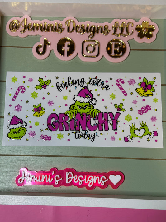 Mean one| pink feeling extra grinchy Mean guy Christmas pink | uvdtf wrap | Permanent decal | No heat needed | Waterproof