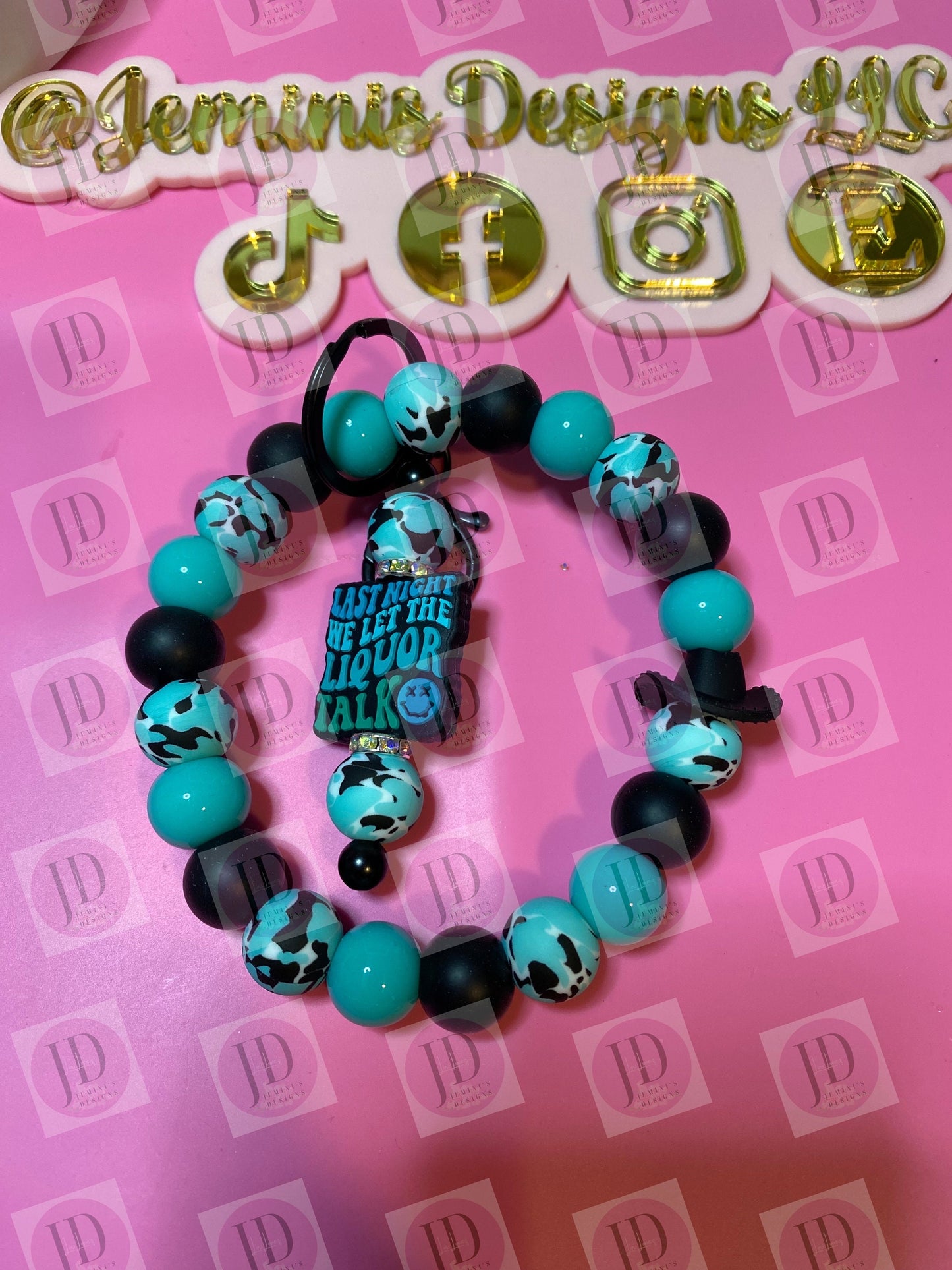 Beaded Bangle Cowboy hat teal & black cow print Keychain/beaded Bangle for her/teal and black cowboy wristlet/bangle w keychain Wallen focal