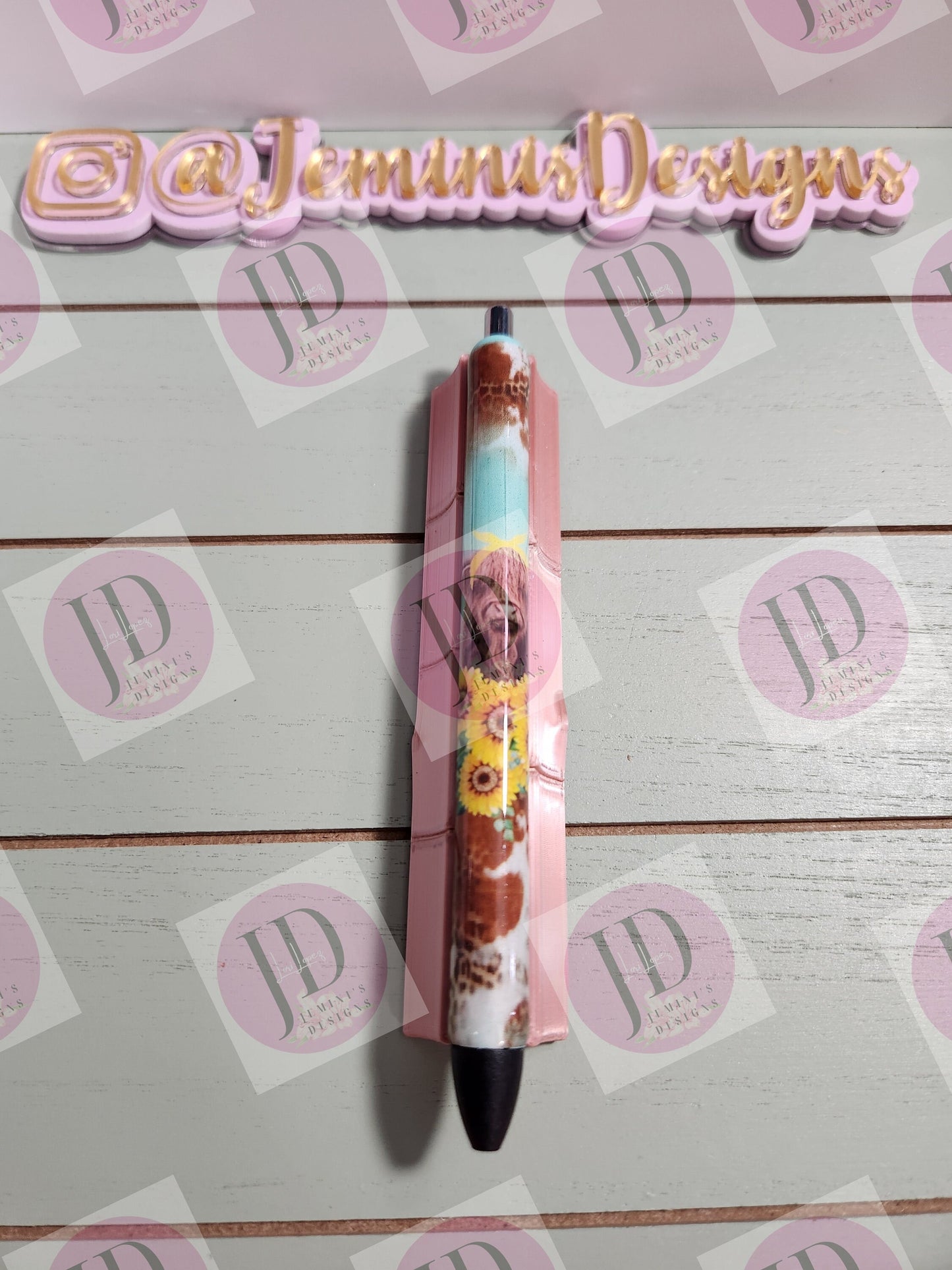 Highland cow & Sunflower leopard and cow print  pen wrap with Lots of vibrant colors sparkle.   Aqua, yellow and brown pen wrap no glitter